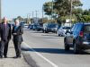 Cockburn mayor Logan Howlett and Armadale mayor Henry Zelones at the Nicholson Road intersection with traffic banking up 800 metres either side of Armadale Road. Photograph — Matt Devlin.