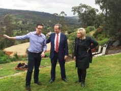 Labor Canning by-election candidate Matt Keogh, opposition leader Bill Shorten and federal member for Perth Alannah MacTiernan at Mr Keogh’s family home in the Kelmscott.