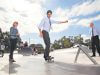 Youth Minister Tony Simpson tries out the skate plaza in Beckenham on Wednesday afternoon while City of Gosnells director of infrastructure Dave Harris watches on in amazement at Mr Simpson’s skills. Photograph — Matt Devlin.