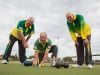 Tony Churcher, Thornlie Bowling Club director Rick Scupham and Laurie Curtis are excited about the club reaching 50 years. Photograph — Matt Devlin.