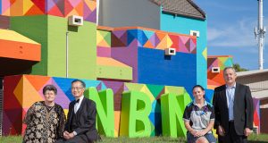 Langford resident Zora Elliss, City of Canning mayor Paul Ng, Telstra technician Rebecca Dhu and Telstra area general manager Boyd Brown at the NBN launch outside the Cannington exchange in April. Photograph — Matt Devlin.