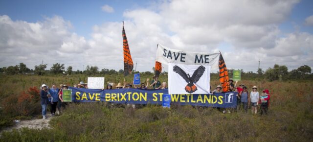 Protesters in a field holding signs